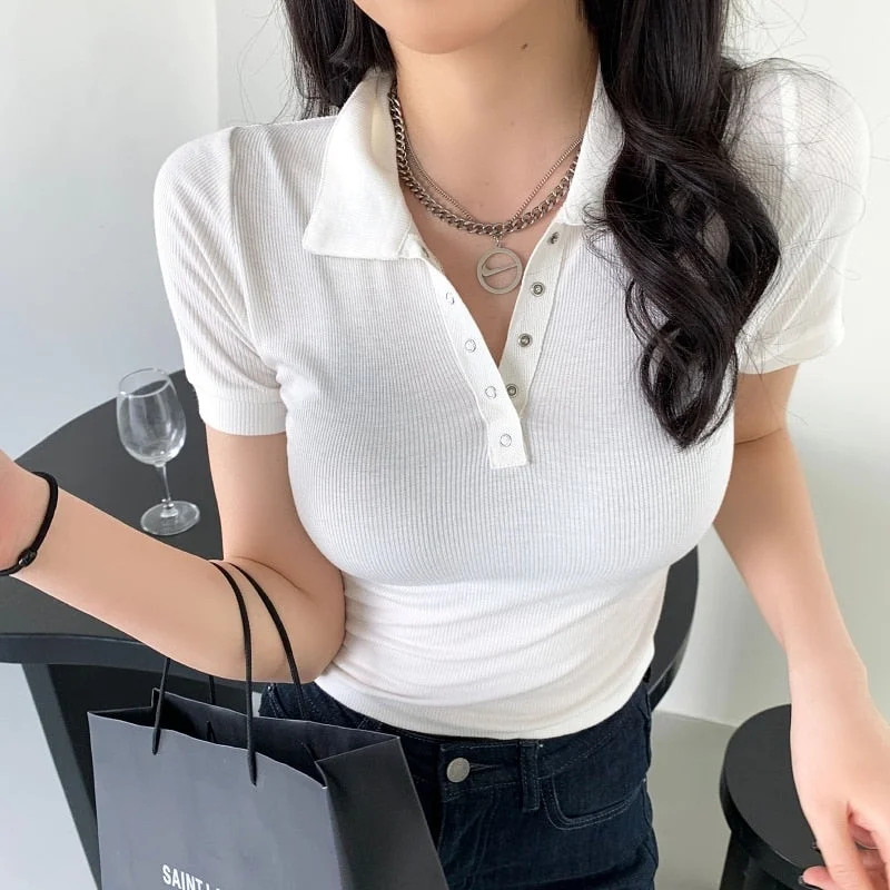 Summer Polo Shirt Women Short Sleeve Cotton Sexy T-Shirt Polo Neck Fashion Slim Solid Tee Female 2022 New Bottoming White Tops