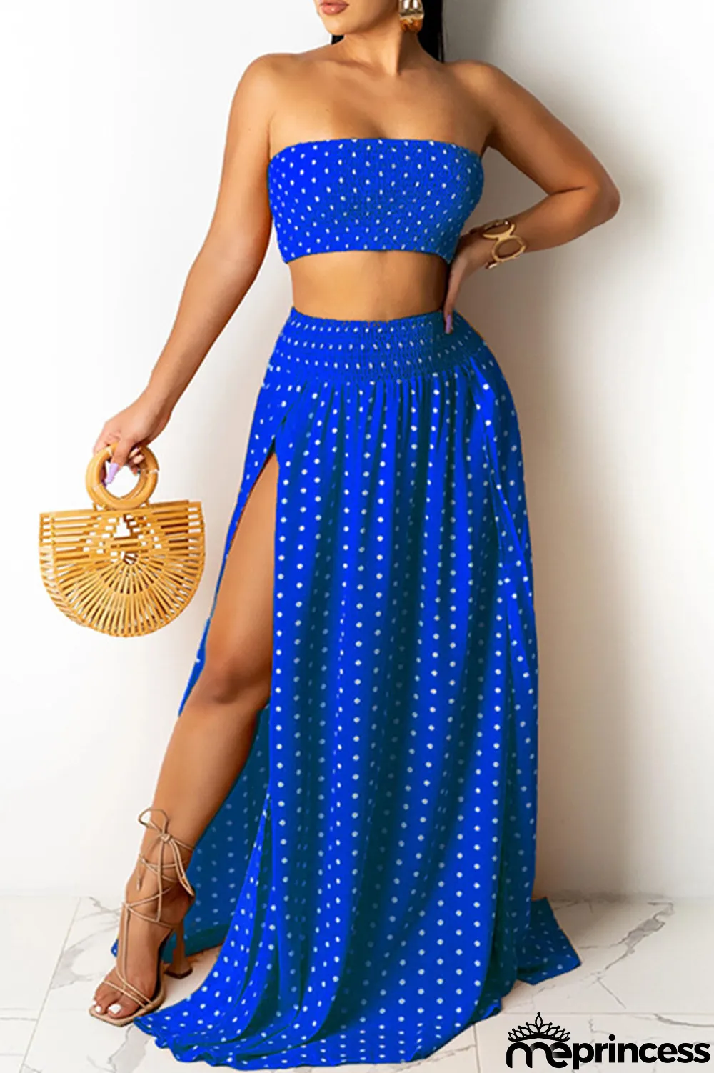 Blue Fashion Sexy Dot Print Backless Slit Strapless Sleeveless Two Pieces