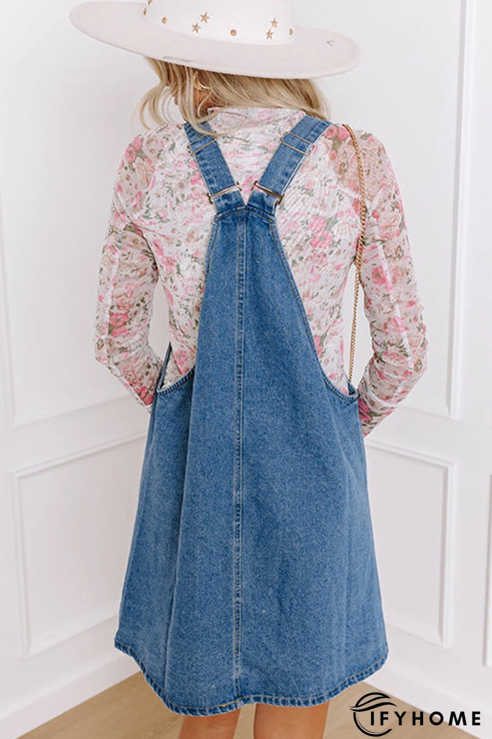 Dusk Blue Wide Strap Button Front Pocketed Denim Mini Dress | IFYHOME