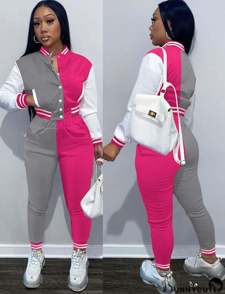 Winter Wholesale Sportswear Pink Contrast Button Open Long Sleeve Top And Pant Two Piece Set