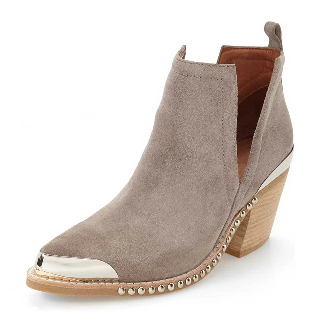 Taupe Vegan Suede Cut Out Pointed Toe Chunky Heel Ankle Boots with Metal