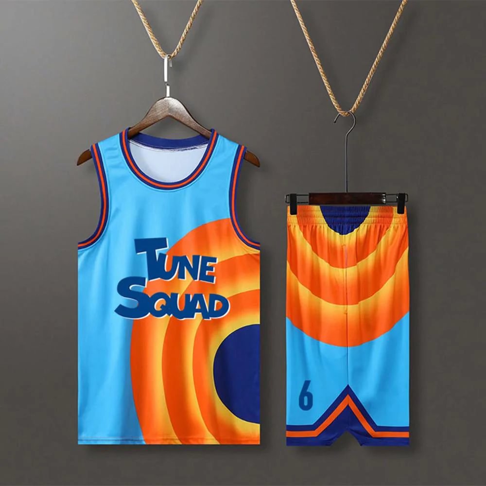 Space Jam Basketball Jersey Tune-Squad #6 James Top and Shorts for Kids and Adults in Stock