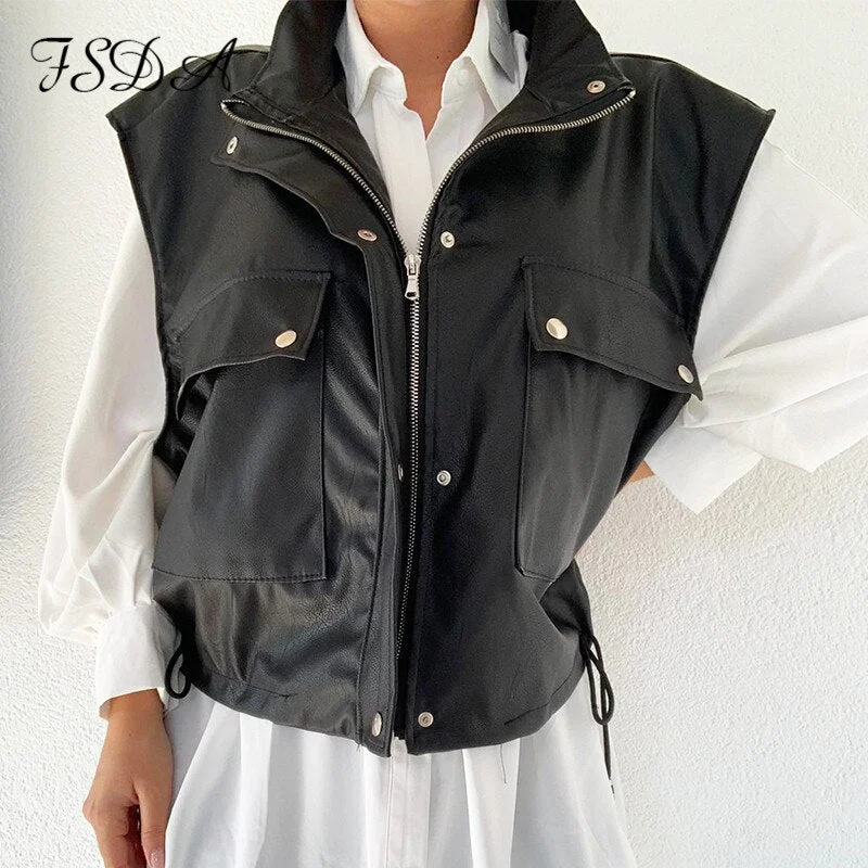 FSDA Sleeveless 2020 PU Leather Jacket Vest Women Black Zipper Autumn Winter Khaki Pocket Casual Coat Short Loose Waistcoat