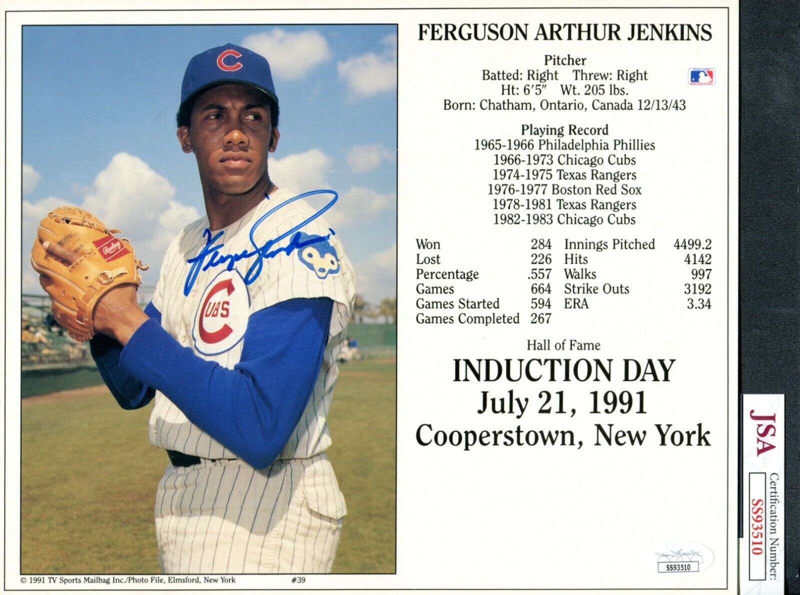 JSA Fergie Jenkins Autographed Signed AUTO 8x10 Photo Poster painting Chicago Cubs TRB 878