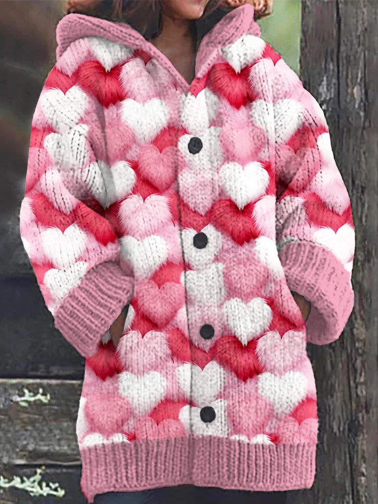 VChics Valentine's Day Love Heart Fleece Print Cozy Hooded Cardigan
