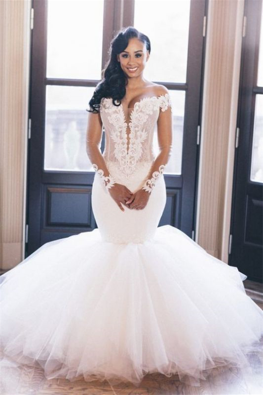 Stunning Long Sleeves Tulle Mermaid Wedding Dress With Appliques - lulusllly