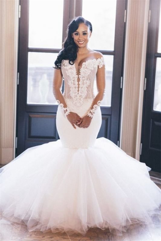 Chic Long Sleeves Tulle Mermaid Wedding Dress Off-the-Shoulder With Appliques PD0974