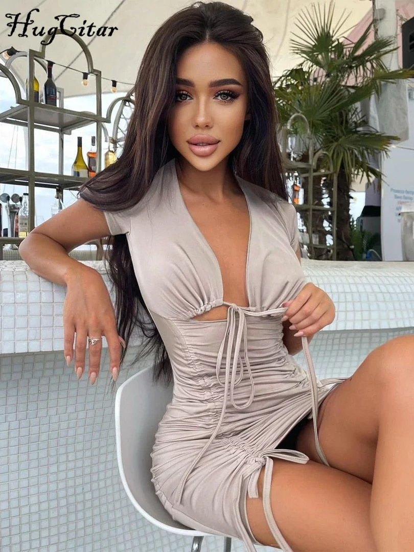 Hugcitar Drawstring Bandage Sleeveless Backless Ruched Pleated Mini Dress 2022 Evening Party Sexy Slim Elegant Y2K Clothing