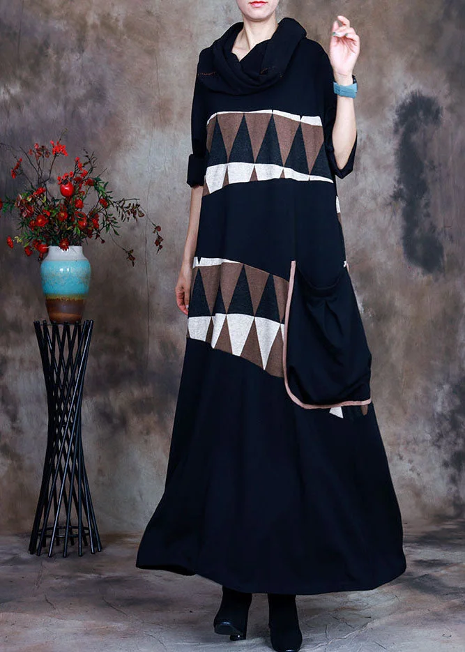 Natural Black pocket Asymmetrical Print Maxi Dresses