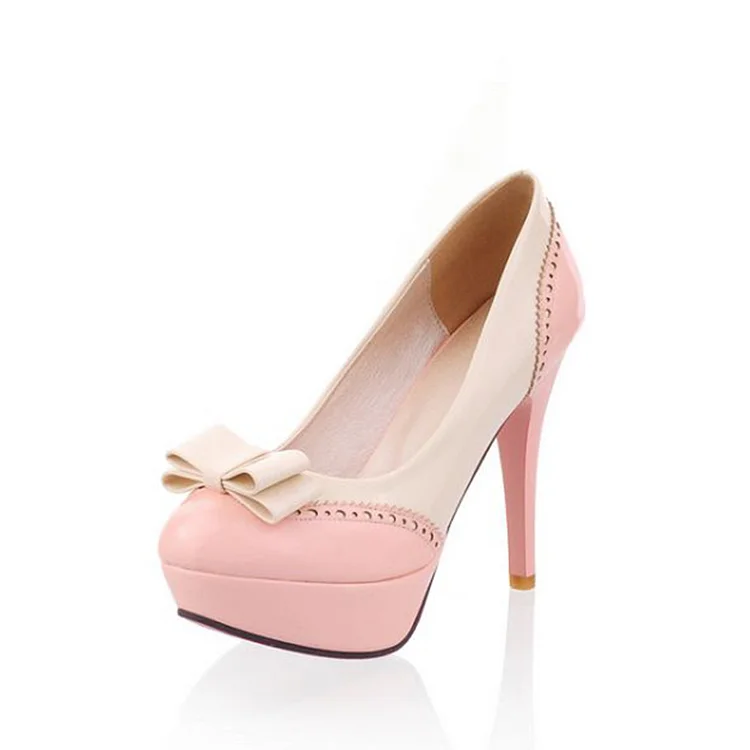 Beige & Pink Stiletto Heels Women'S Classic Round Toe Platform Shoes Wedding Bow Pumps |FSJ Shoes
