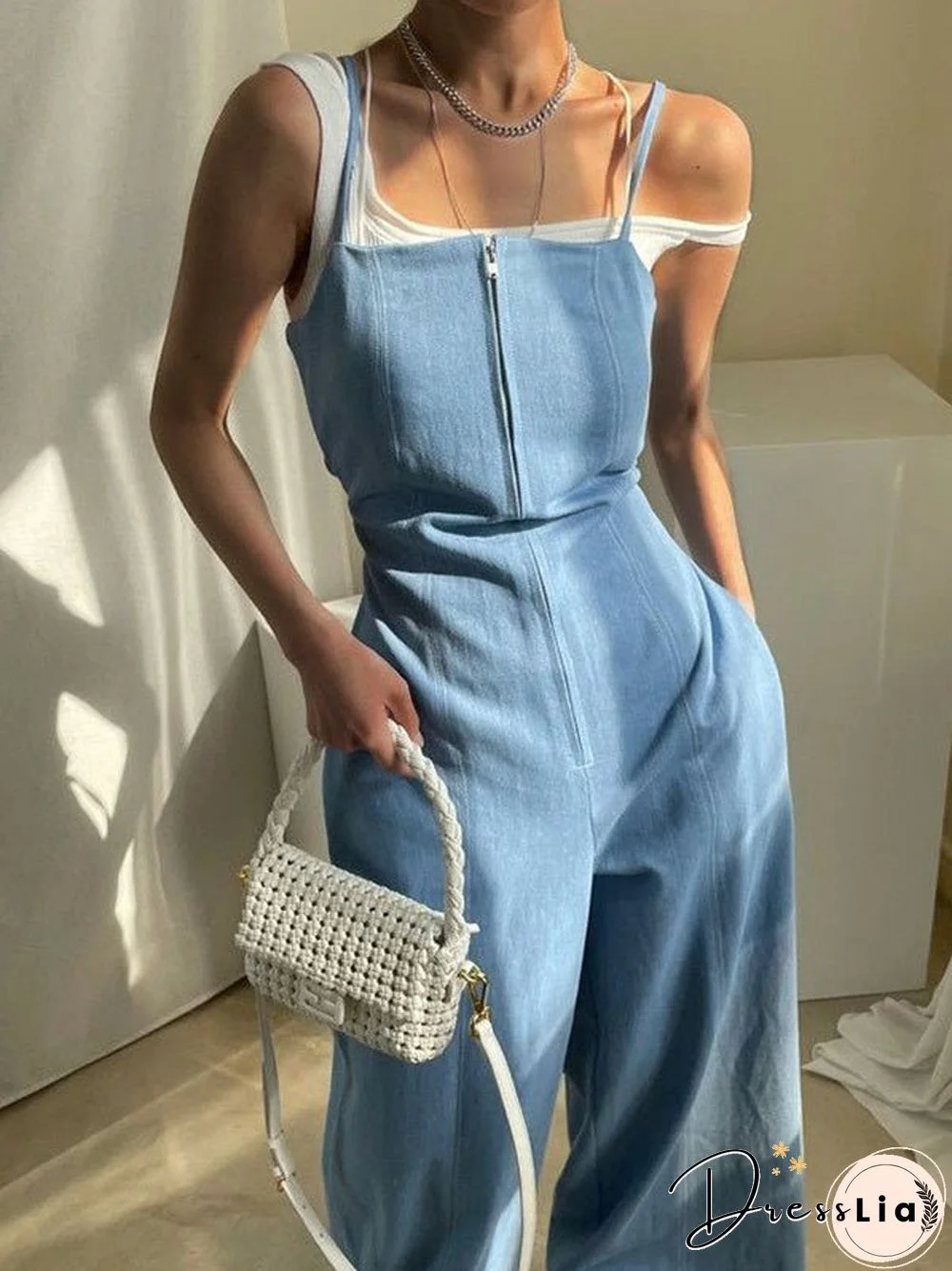 Women'S Jumpsuits Sling Zip Pocket High Waist Wide Leg Jumpsuit