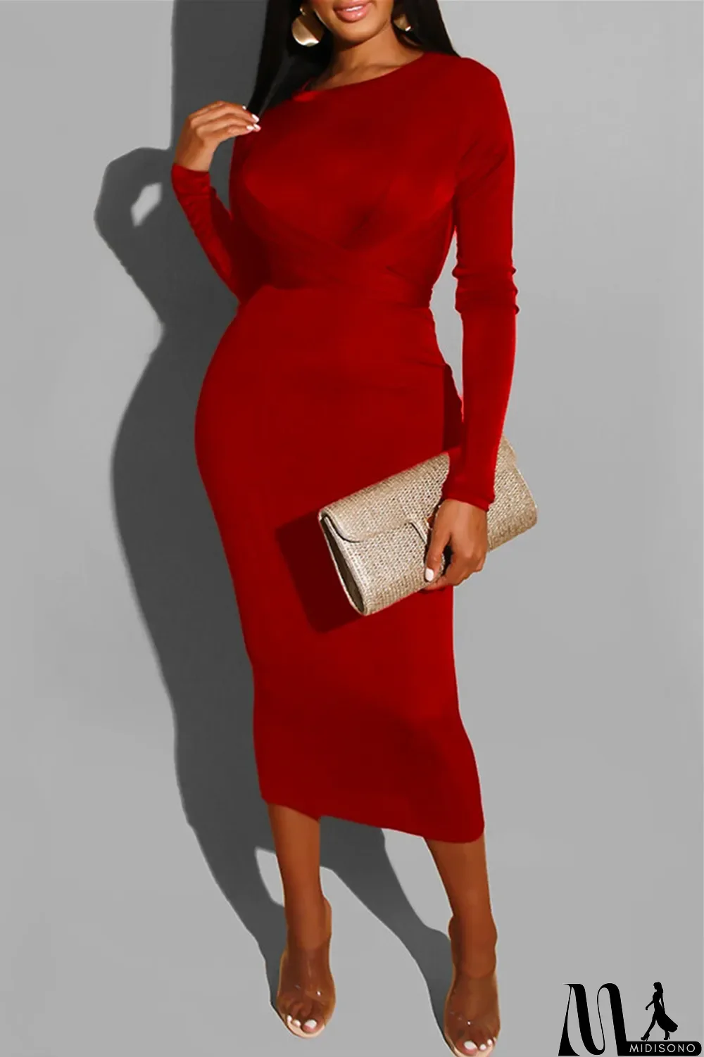 MidiSono - Deep Blue Fashion Casual Bandage O Neck Long Sleeve Dresses