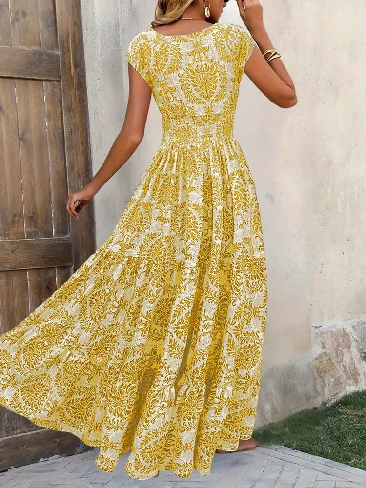 Women's Vintage Floral Print V-Neck Dress - Short Sleeve Loose Fit Long Skirt With Slit, Breathable Mid-Stretch Fabric, Machine Washable Resort Party & Holiday Wear For Spring Summer Fall, Tropical Outfit, Soft Draping, Flowy Fabric