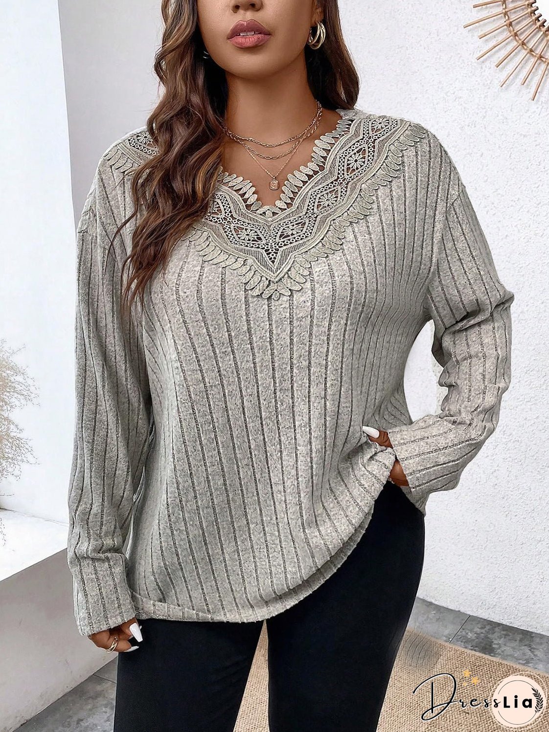 Plus Size Lace Detail Long Sleeve T-Shirt