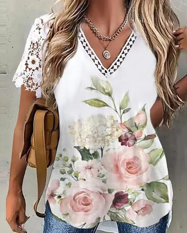 Lace-sleeved Lace-panel Printed V-neck Top