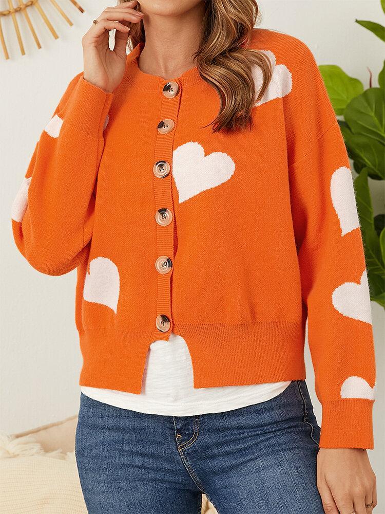  thdmladies Heart Pattern Button Long Sleeve O-neck Knitted Cardigan thedmladies