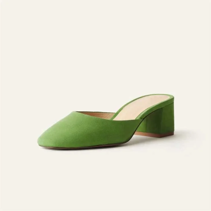 Custom Made Green Block Heels Square Toe Vegan Suede Mules |FSJ Shoes