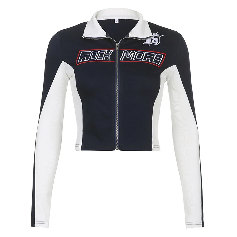 Ueong Slim And Thin Personality Street Cool Fashion Letter Printing Motorcycle Style Blue And White Coat