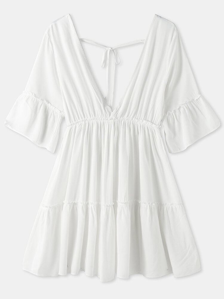 Holiday Deep V neck Half Sleeve Solid Color Knotted Blouse P1855682