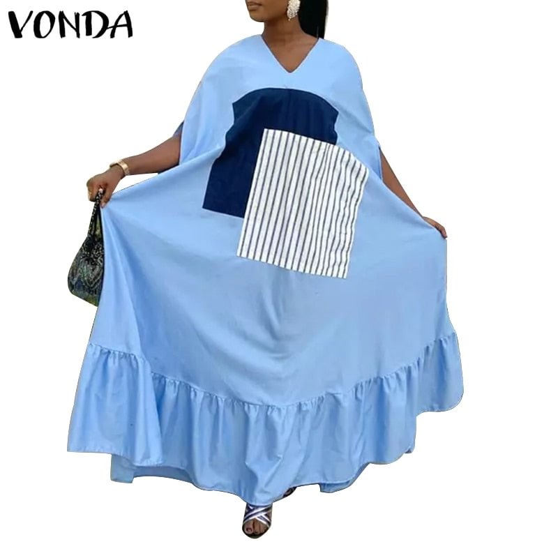 Holiday Patchwork Dress 2022 VONDA Women Vintage Maxi Dress Beach Sundress Casual Loose Half Sleeve Holiday Vestidos Oversized