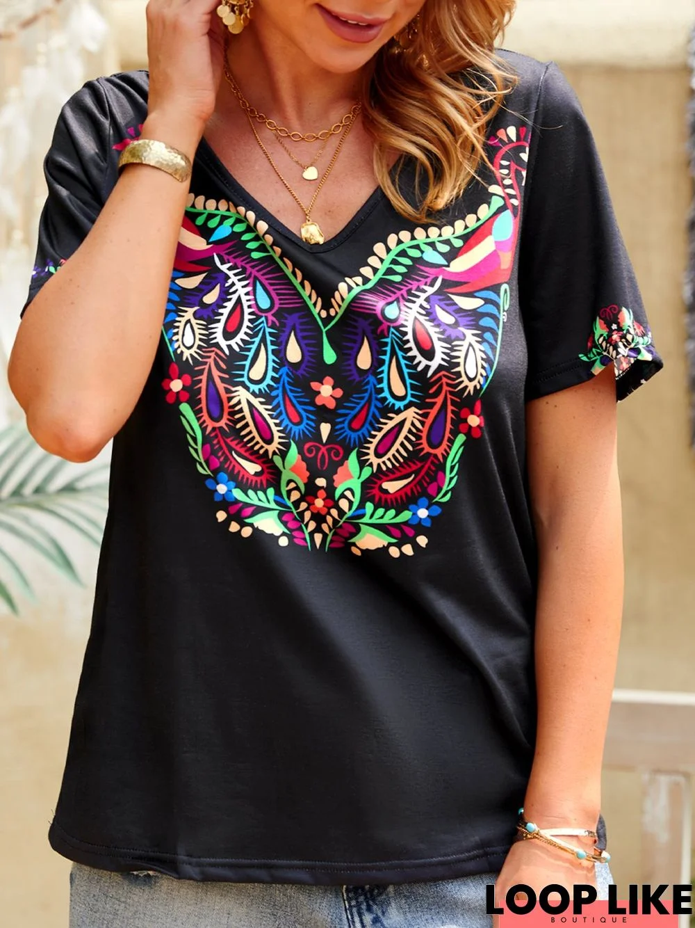 Floral Short Sleeve V Neck T-shirt