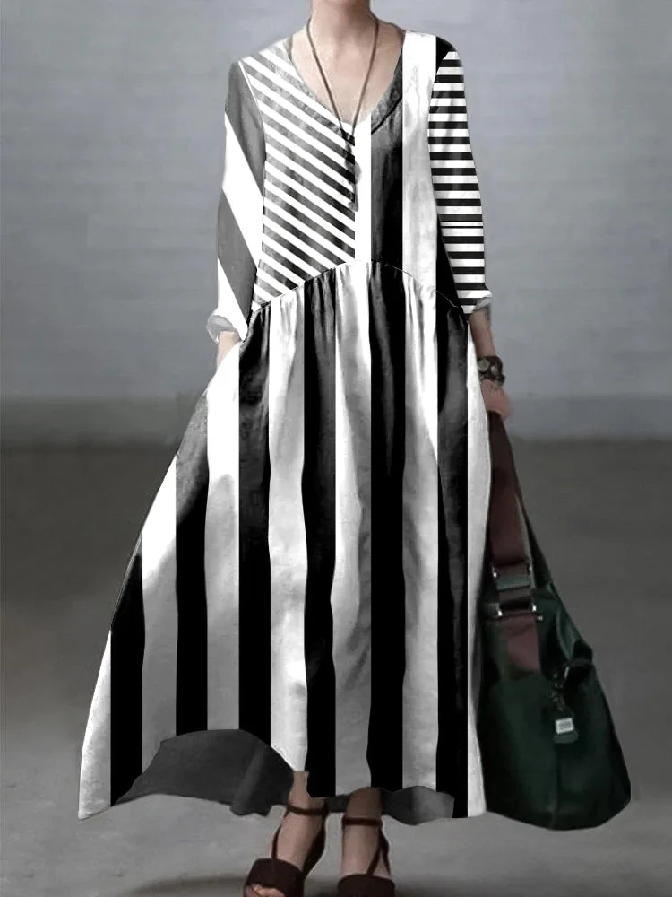 White geometry Simple and Loose V-neck Cotton and Linen Dress