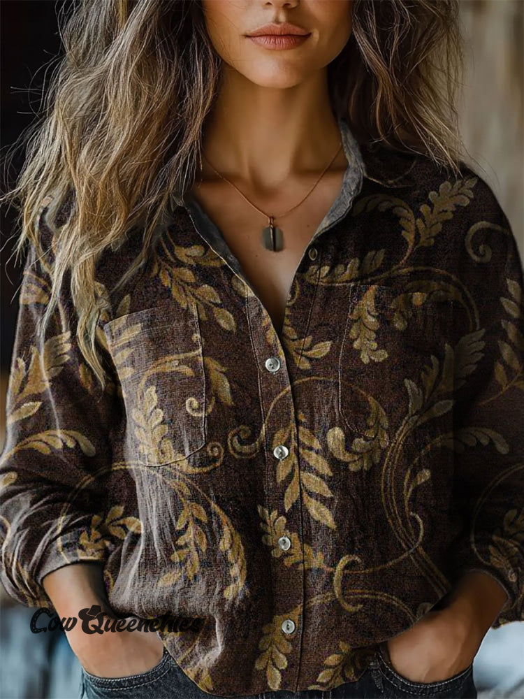 Women’s Vintage Botanical Art Print Casual Long Sleeve Comfortable Cotton Shirt Multicolor / S
