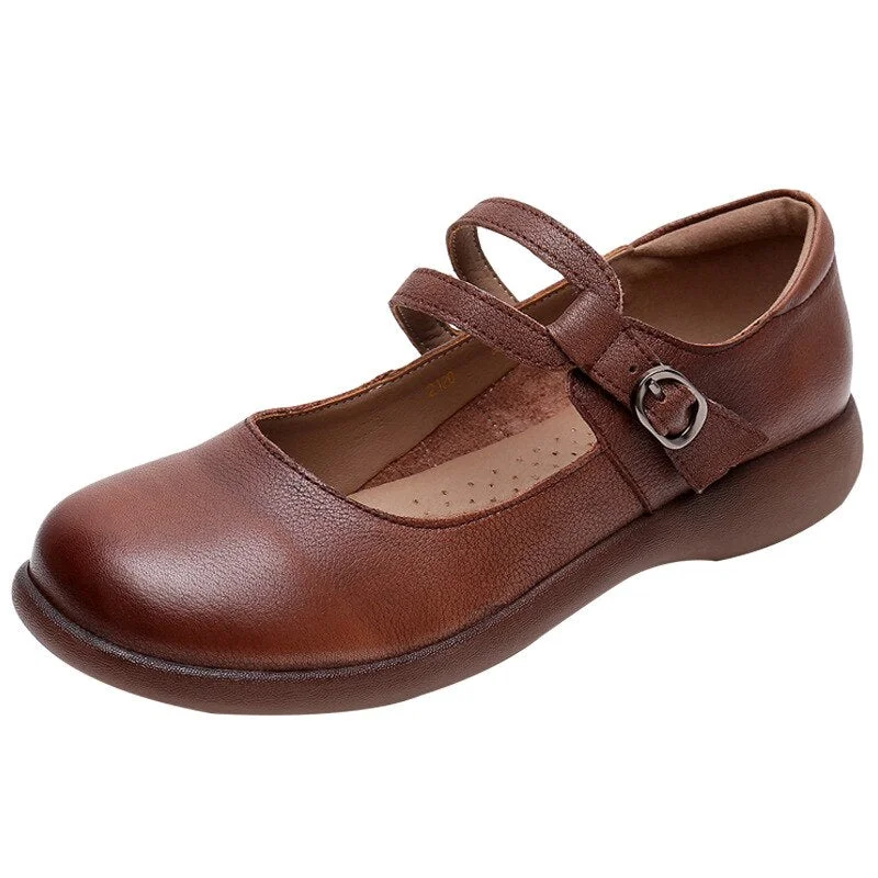GKTINOO Leather Shoes Women Mary Janes Genuine Leather Women's Shoes Round Toe Belt Buckle Ladies Casual Flats Large Size
