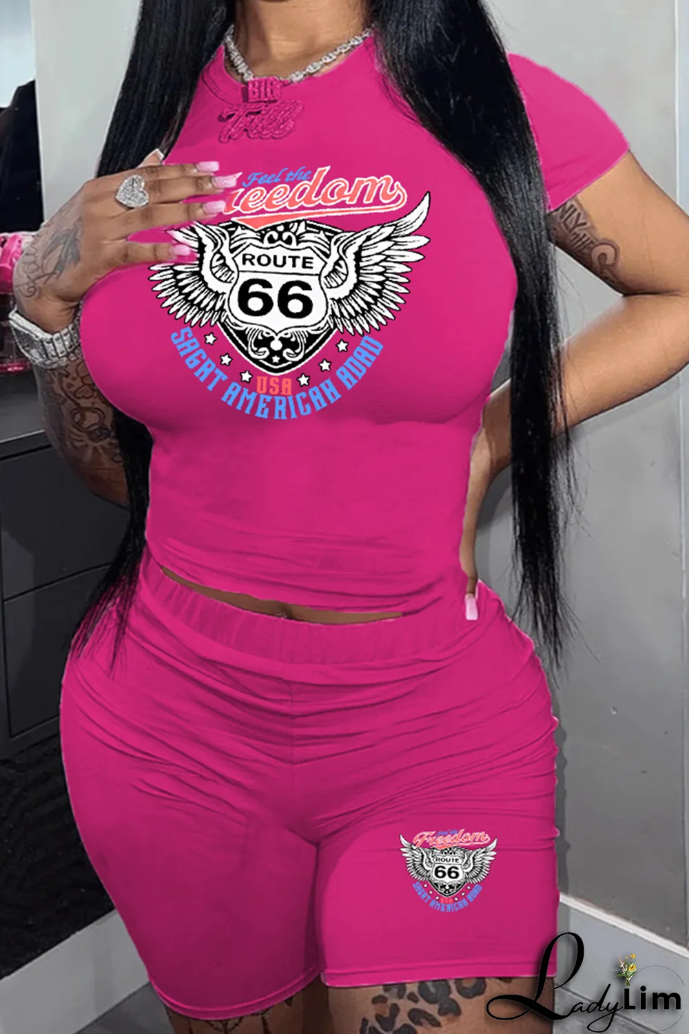 Orange Casual Print Patchwork O Neck Plus Size Two Pieces