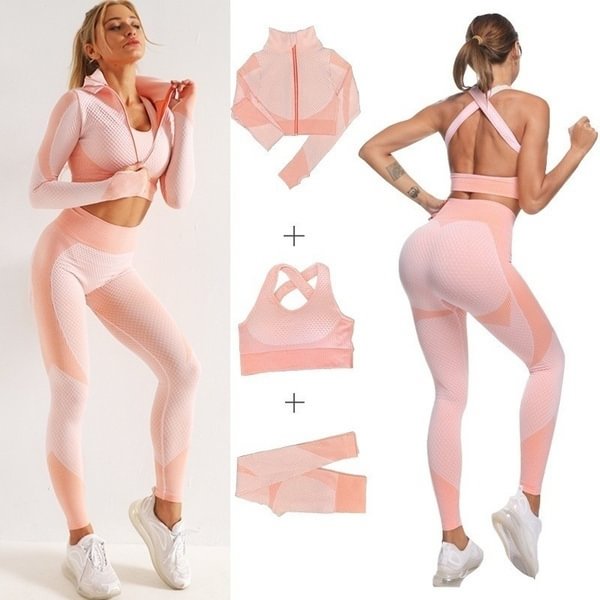 3PCS Seamless Women Yoga Set Workout Sportswear Gym Clothing Fitness Long Sleeve Crop Top High Waist Leggings Sports Suits Gym Wear - Shop Trendy Women's Fashion | TeeYours