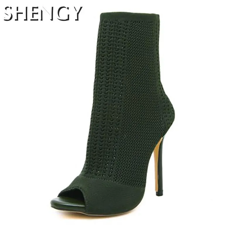 2020 Women Boots Knitted Ankle Woman Fashion High Thin Heel Women's Hollow Out Fashion Ladies Peep Toe Female Elegant Sock Shoes