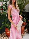 Lace-Up Plain Striped Condole Belt Maxi Dress