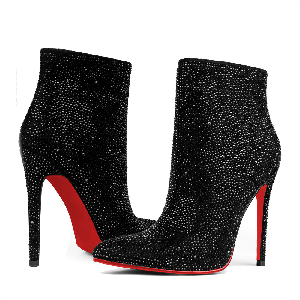 120mm Women's Ankle Boots Red Bottom Shoes With Rhinestone Closed Pointed Toe Stilettos Party Booties-MERUMOTE