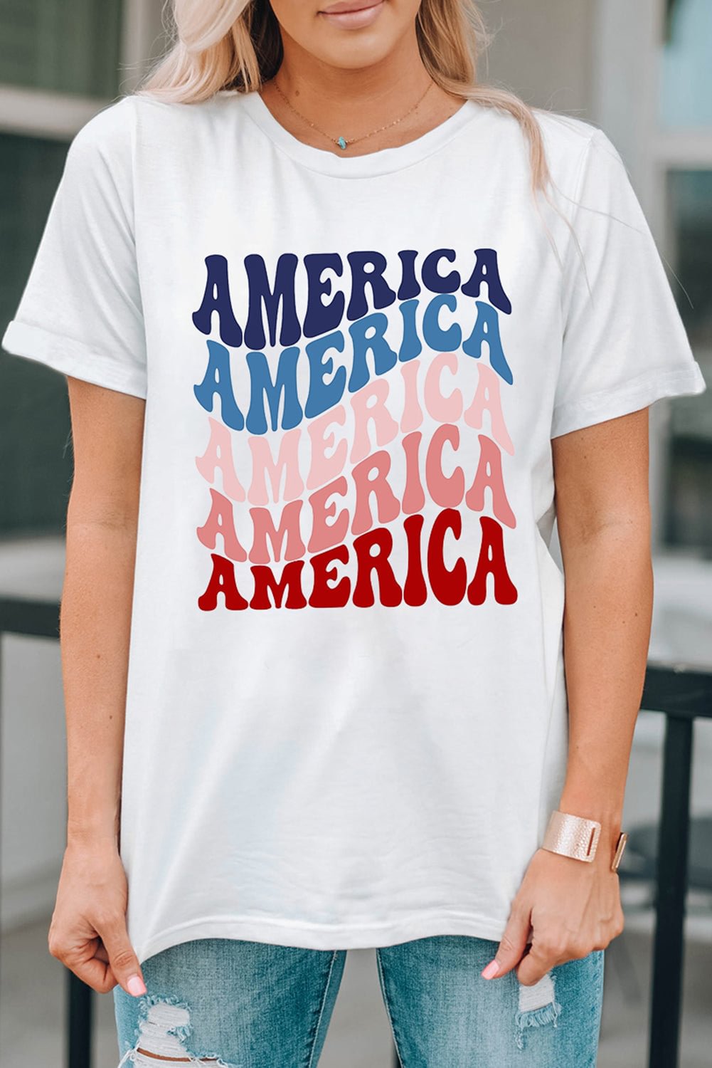AMERICA Letter Gradient Color Print Crew Neck T Shirt