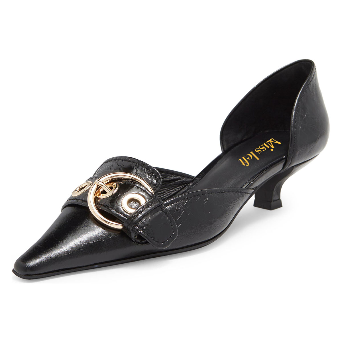 Black Buckle Strap Pointed Toe Kitten Heel Slip-On Pumps Shoes Nicepairs