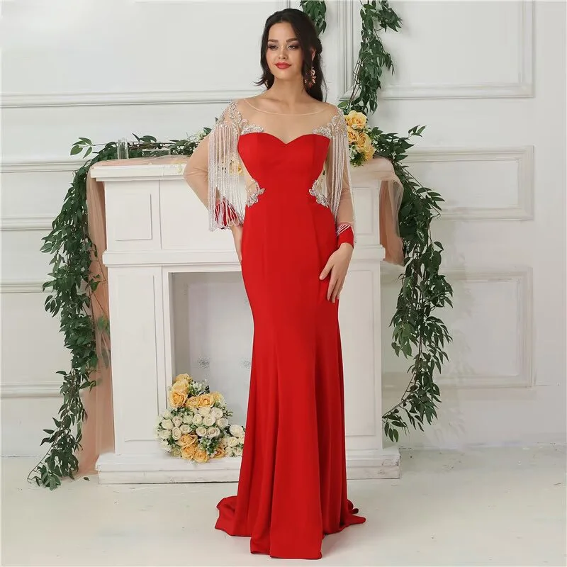 Okdais Red Mermaid Evening Dress Satin Long Sleeve With Beading