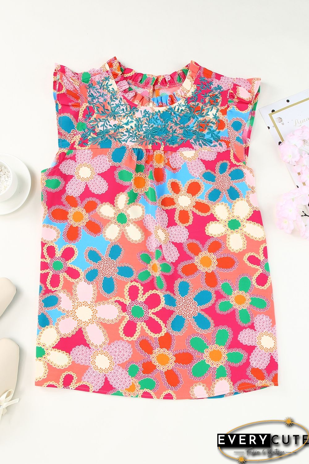 Pink Embroidered Detail Floral Print Ruffle Trim Tank Top