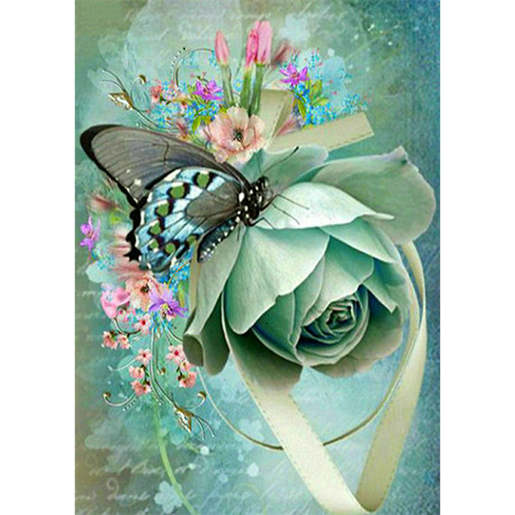 

30*40CM - Green Rose Butterfly - Round Drill Diamond Painting, 501 Original