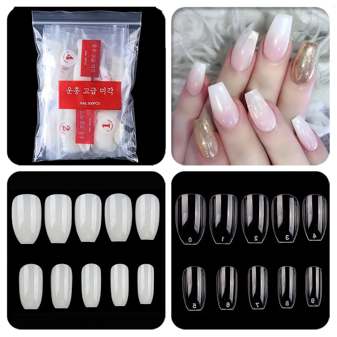 500pcs/pack Short Coffin Nails Clear Natural White Ballerina Nails Full False Nail Tips Salon DIY Acrylic Fake Nail Art 10 Size-Nail Inspo