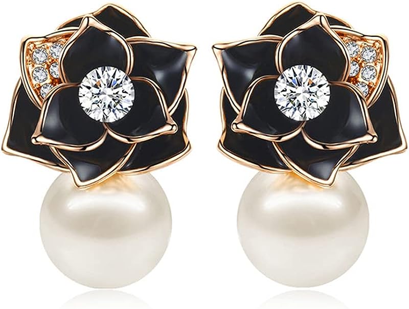 MIKAMU Flower Stud Earrings 14K Gold Plated Cubic Zirconia Sparkle Black Rose flower Pearl Dangle Earrings for Women Drop Earrings
