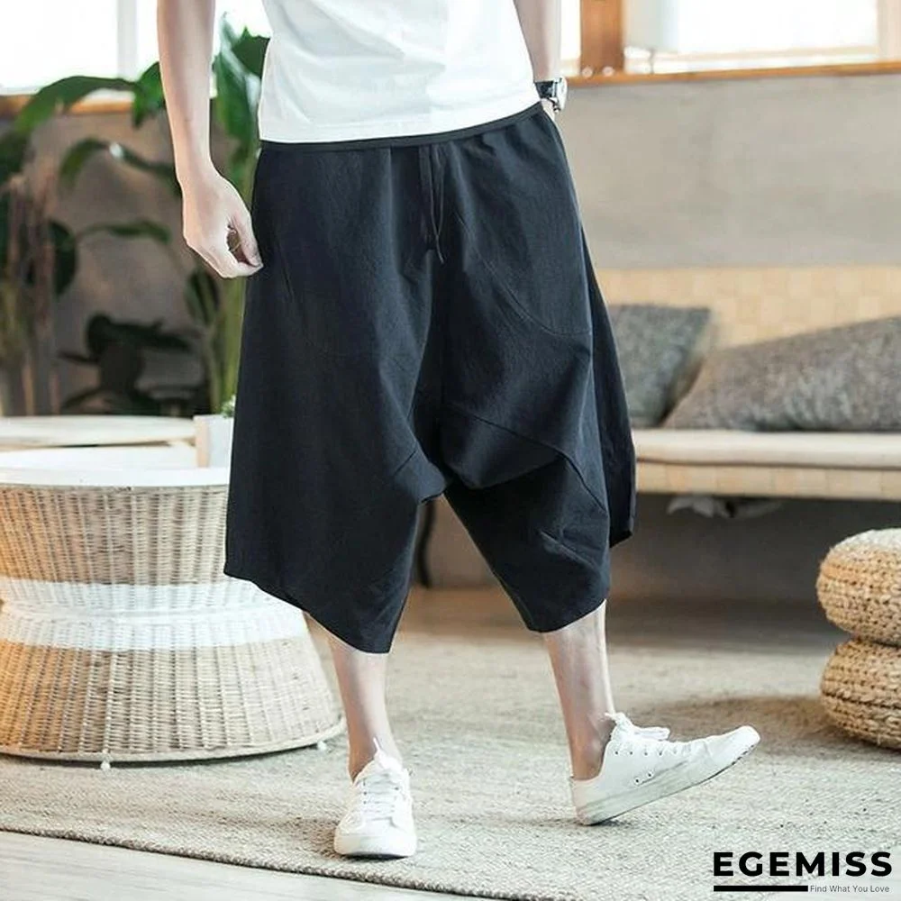 Men Wide Crotch Pants Loose Large Cropped Wide-legged Bloomers Flaxen Baggy Trousers | EGEMISS