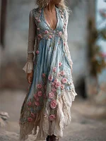 Boho Pink Roses Ruffle Trim Flowy Linen Maxi Dress