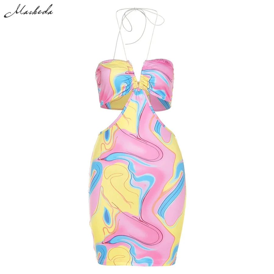 Macheda Summer White Sexy Waist Hollow Out Dress Women Slim Halter V Neck Sleeveless Lady Fashion Street Solid Mini Dresses