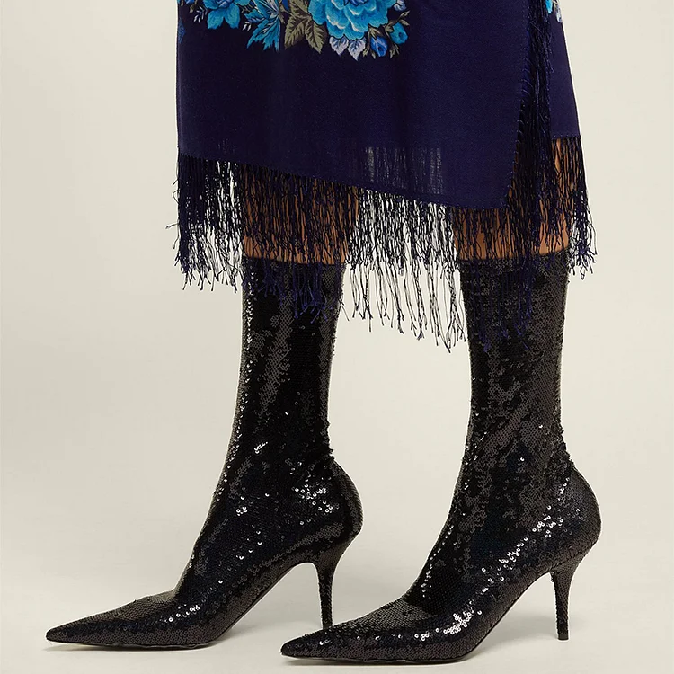 Black Sequined Stiletto Heel Fashion Boots Ankle Boots |FSJ Shoes