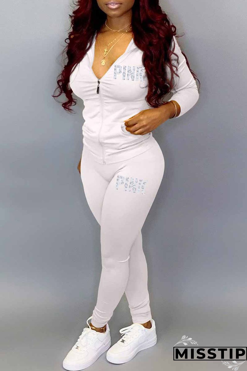 Blue Casual Print Letter Hooded Collar Long Sleeve Two Pieces