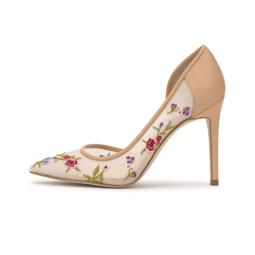 Beige Mesh Embroidery Floral Pointed Toe Stiletto Heel Pumps for Women