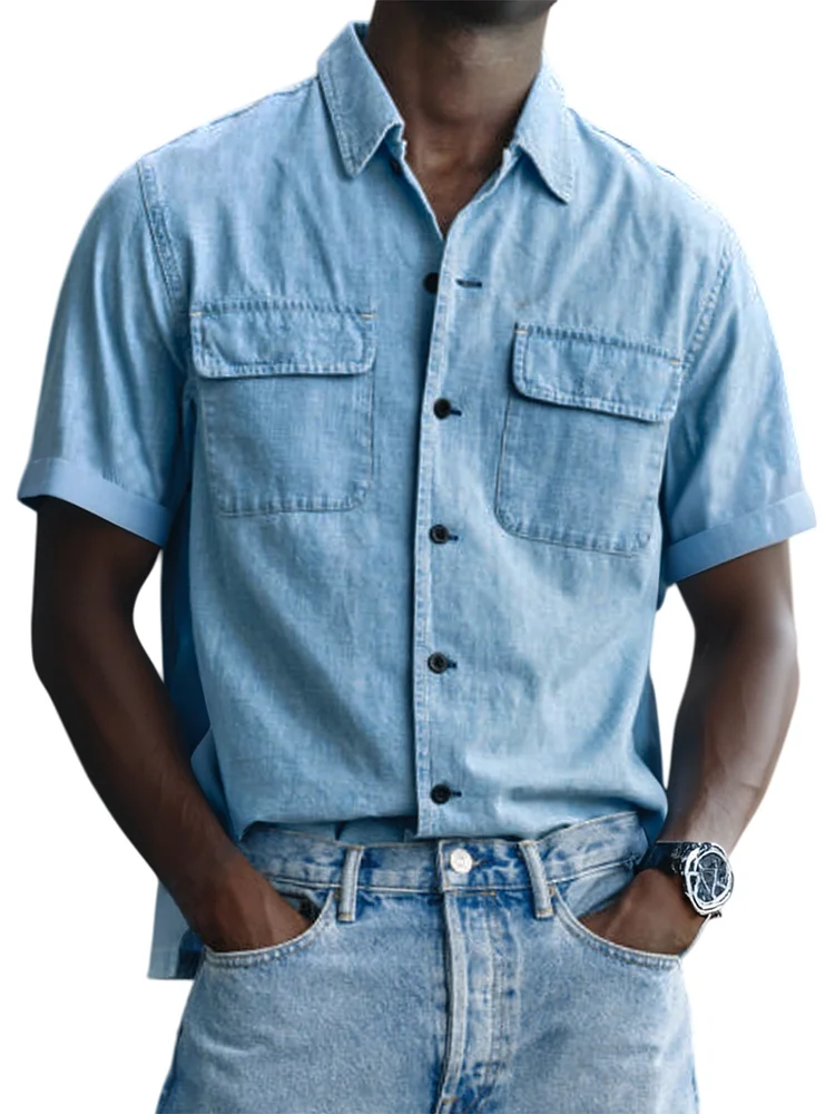 Men's Vintage Utility Double Pocket Button Down Short Sleeve Shirt