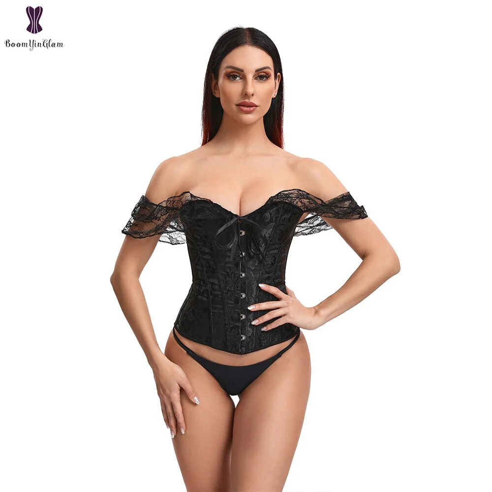 Women Short Sleeve Corset White Black Waist Bustier Tops Overbust Korset