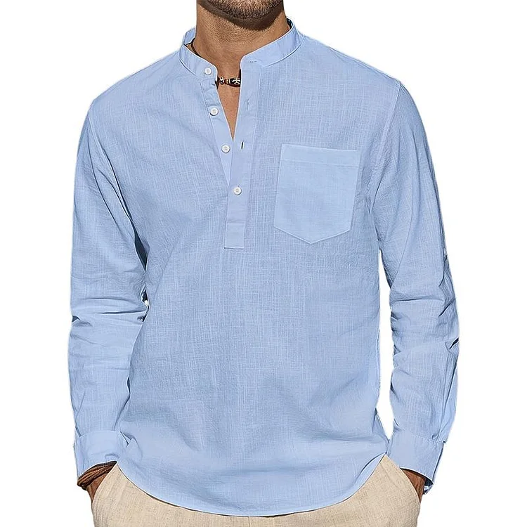 Men's Solid Color Stand Collar Beach Long Sleeve Shirt 59802557X