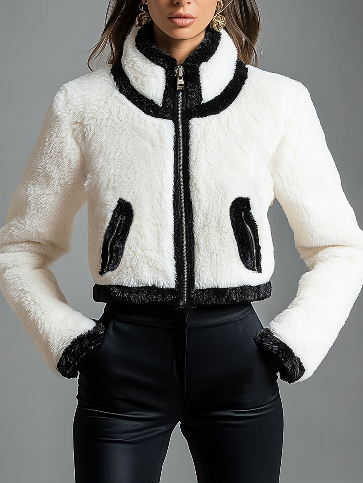 Ursime High Neck Zipper Pocket Contrast Color Plush Jacket